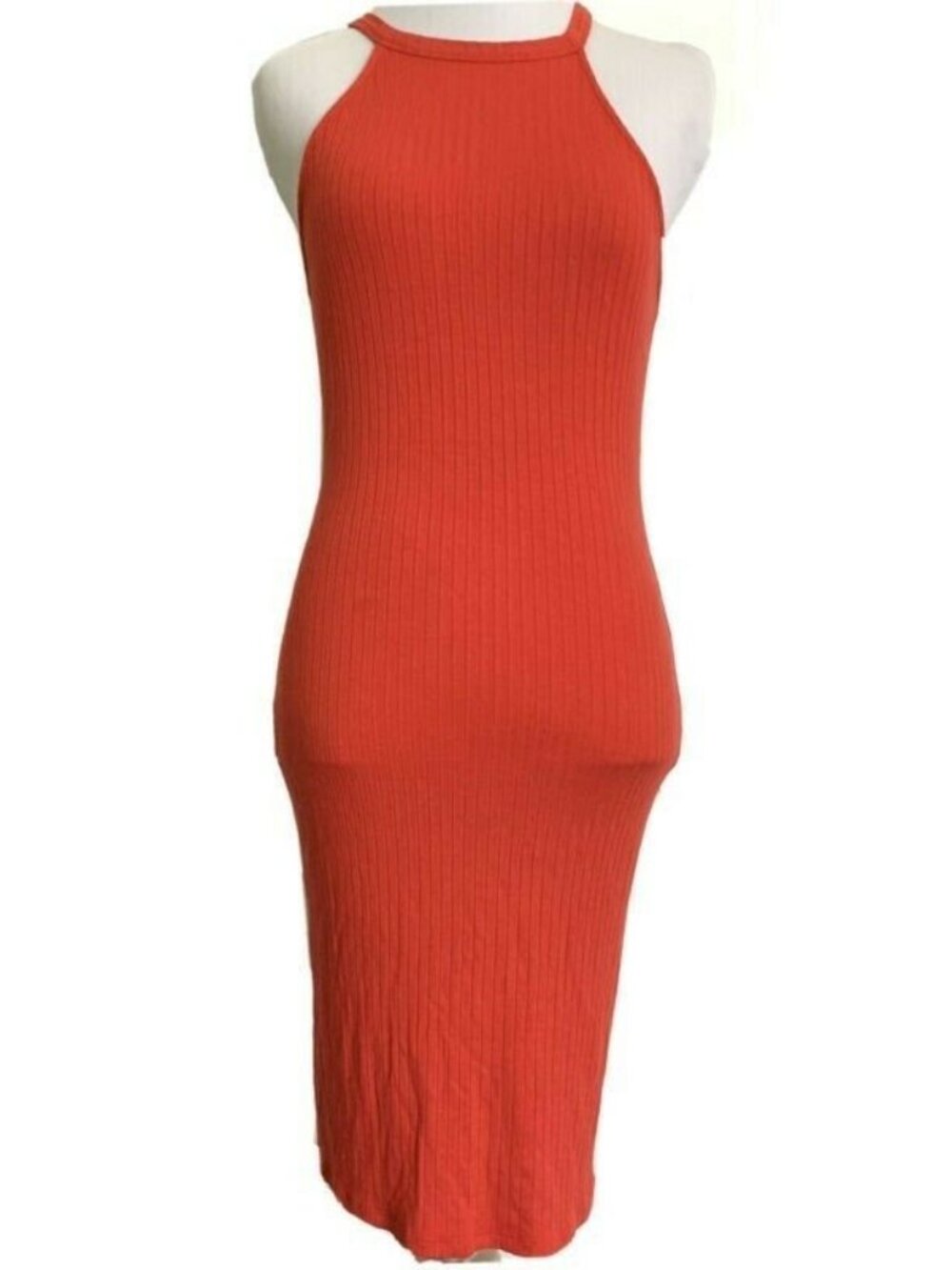 IRIS Summer Fitted Stretch High Neck Halter Mini Dress Ribbed Slinky Coral L
